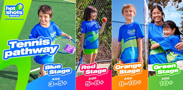this picture explains the difference in age for each hot shots stage. blue stage is for kids aged 3-5+, red stage for kids 5-8+, orange is for kids 8-10+ and green is for kids aged 10+